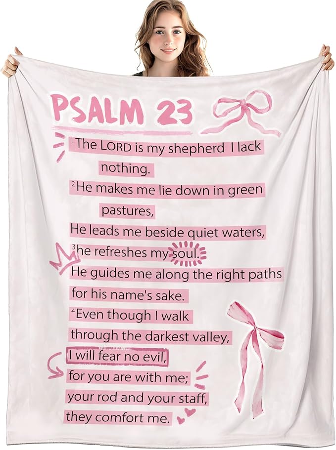 Coquette Pink Bow Christian Blanket, Psalm 23 Bible Verse Throw Blankets by Unknown