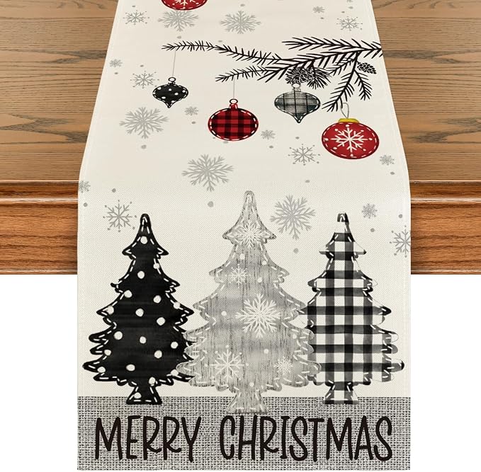 Artoid Mode Grey Pine Trees Snowflake Merry Christmas Table Runner, Winter Xmas by ArtoidMode