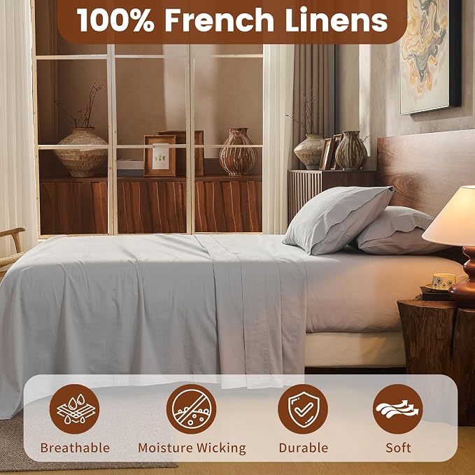 100% Linen Sheets California King Size, Breathable & Durable 4-Piece Bed Flax - Image 2