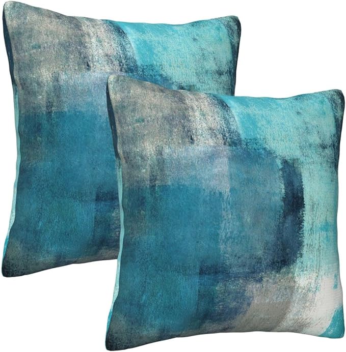 bassyil Teal Grey Abstract Art Painting Throw Pillow Covers Decorative Linen - Image 8