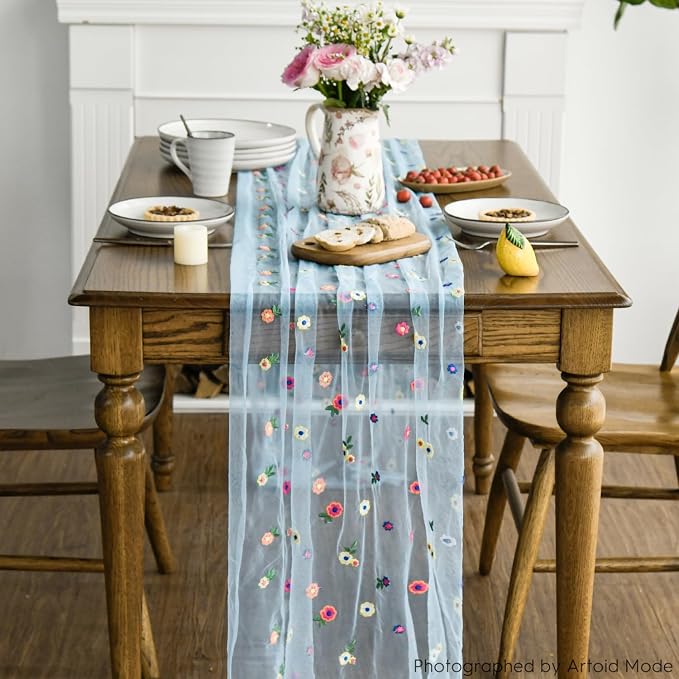 Artoid Mode Blue Embroidery Daisy Gauze Table Runner 120 Inch 10FT, Seasonal - Image 3