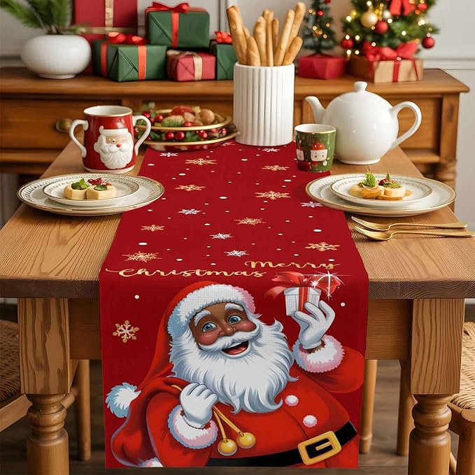 Black Santa Claus Table Runner, 13x120 Inch, Merry Christmas Table Runners Xmas - Image 4