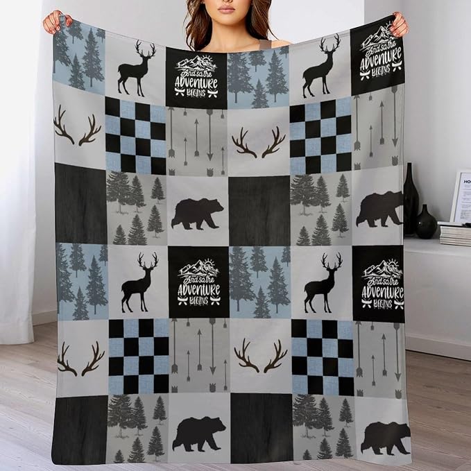 Bear Cabin Plaid Blanket, Rustic Retro Bear Deer Patchwork Gray Blue Farmhouse - Image 8