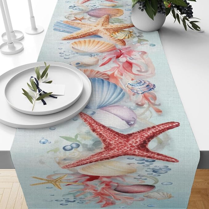 Ocean Starfish Table Runner, Linen Farmhouse Table Cloth Decor, Table Runner - Image 6