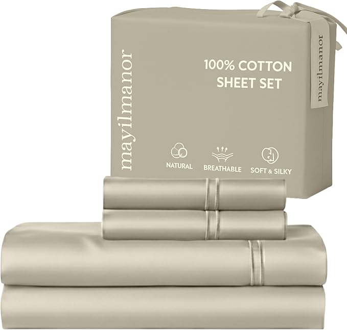 100% Natural Cotton Sheets Queen Size Bed Set | 500 TC Single-Ply Sateen Weave by MayilManor