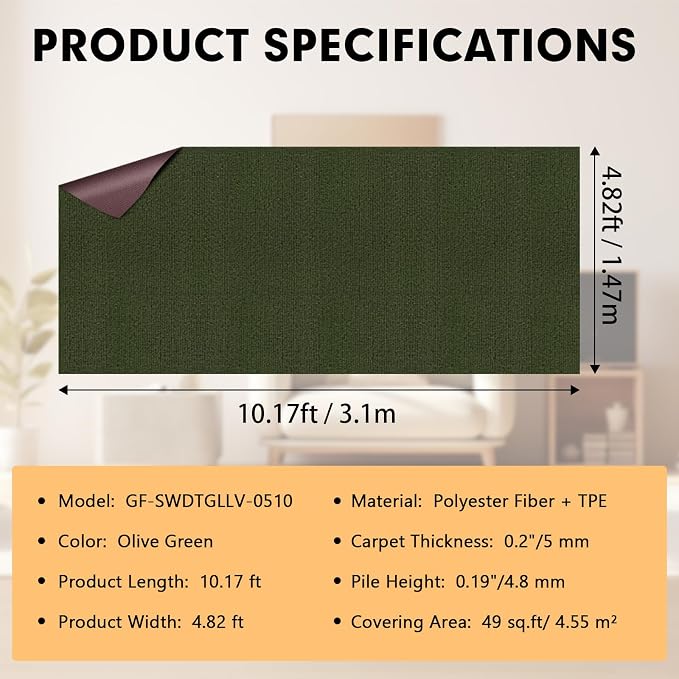 Marine Carpet, 5 FT x 10 FT Olive Green Indoor Outdoor Carpet 0.2" Thick - Image 2