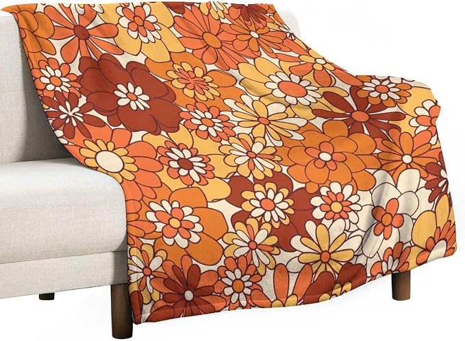 Vintage 70s Throw Blanket, Boho Hippie Bright Orange Flowers Groovy Abstract by JanJCurt