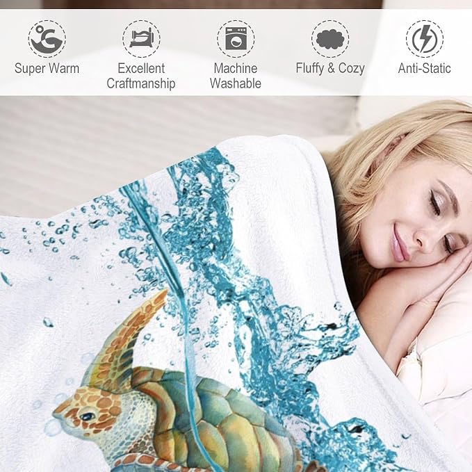 Sea Turtle Throw Blanket, Teal Blue Ocean Underwater Animal Starfish Fish - Image 4