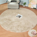 Light Brown Beige Washable Shaggy Round Rug 5ft Faux Rabbit Fur Rugs by ORINOVA