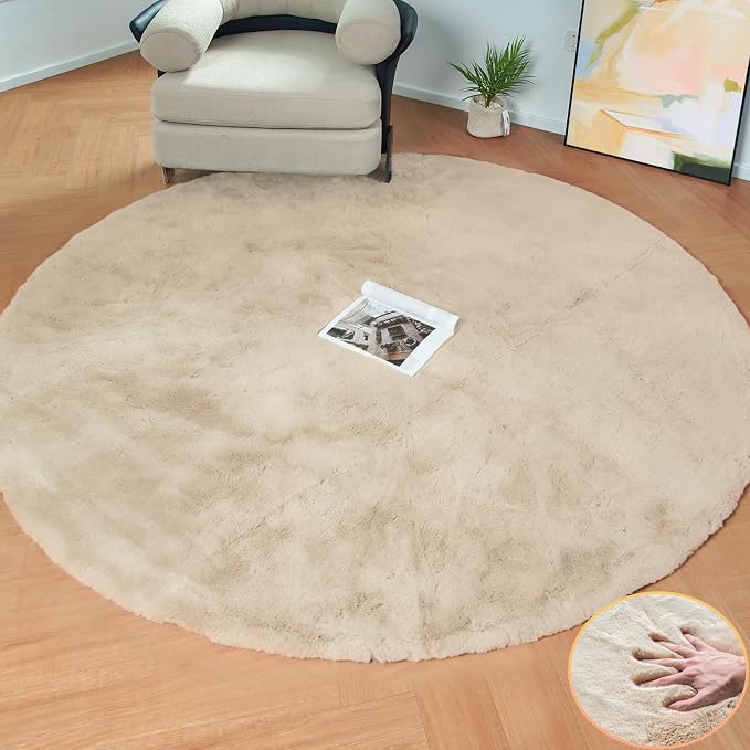 Light Brown Beige Washable Shaggy Round Rug 5ft Faux Rabbit Fur Rugs by ORINOVA