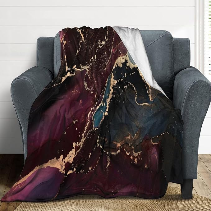 Modern Marble Blanket, Abstract Luxury Baroque Golden Purple Blue Stone Veins - Image 3