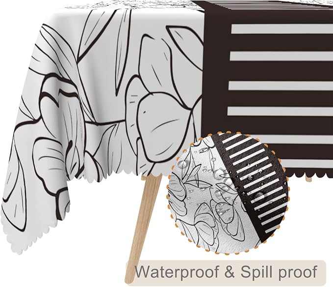 54x86inches Floral Rectangle Tablecloth Black and White Sketch Floral Printed - Image 2