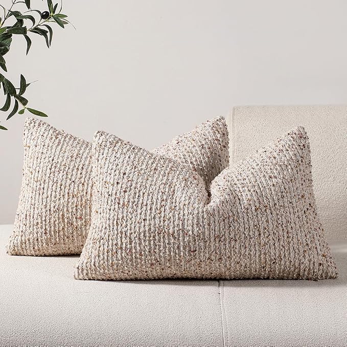 Striped Throw Pillow Covers 12x20 Set of 2 Beige Textured Boucle Chic Morden by DEZENE