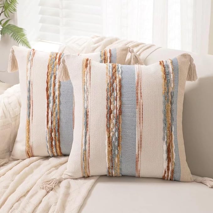 Boho Throw Pillow Covers 18x18 Set of 2 Woven Tufted Farmhouse Pillows Cover by Unknown