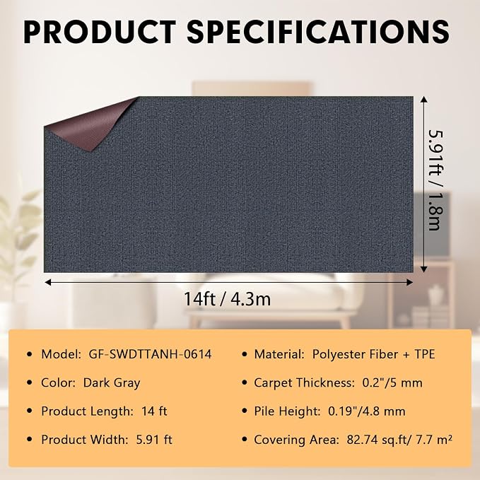 Marine Carpet, 6 FT x 14 FT Dark Gray Indoor Outdoor Carpet 0.2" Thick Boat - Image 2