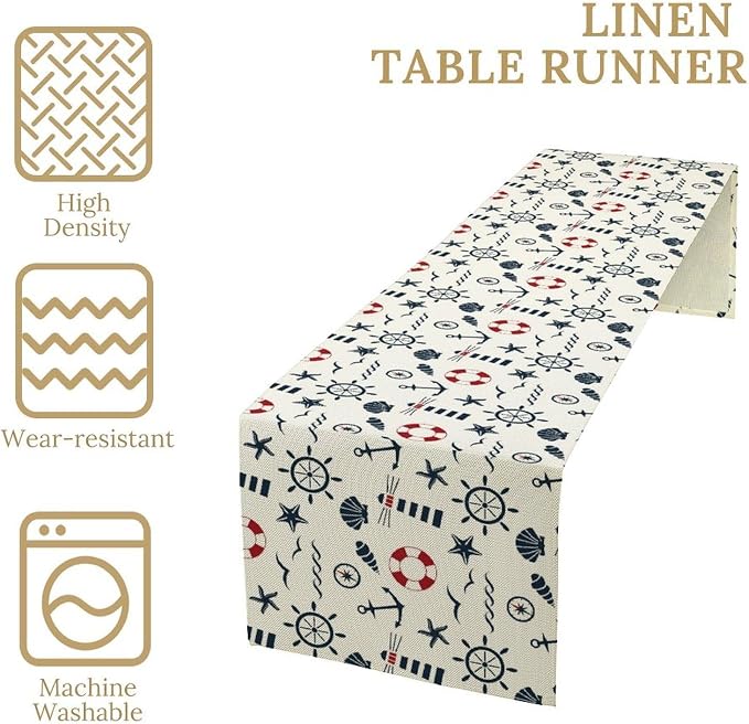 Nautical Lighthouse Table Runner, Anchors Waves and Organism Life Buoy Compass - Image 5