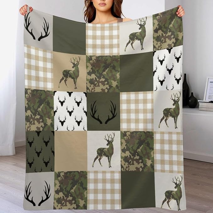 Camouflage Deer Blanket, Vintage Camo Green Beige Plaid Rustic Cabin Wildlife - Image 8
