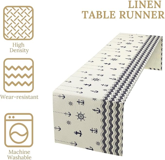 Nautical Table Runner, Anchor Sailboat Rudder Navy Wavy Stripes Ocean Waves - Image 5