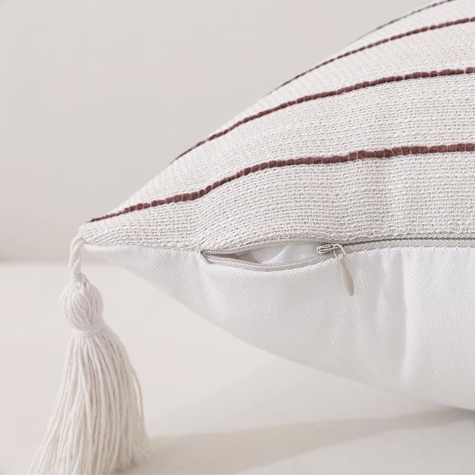 Boho Lumbar Pillow Covers 14x36 Inch Long, Wine Red Textured Linen Striped - Image 4