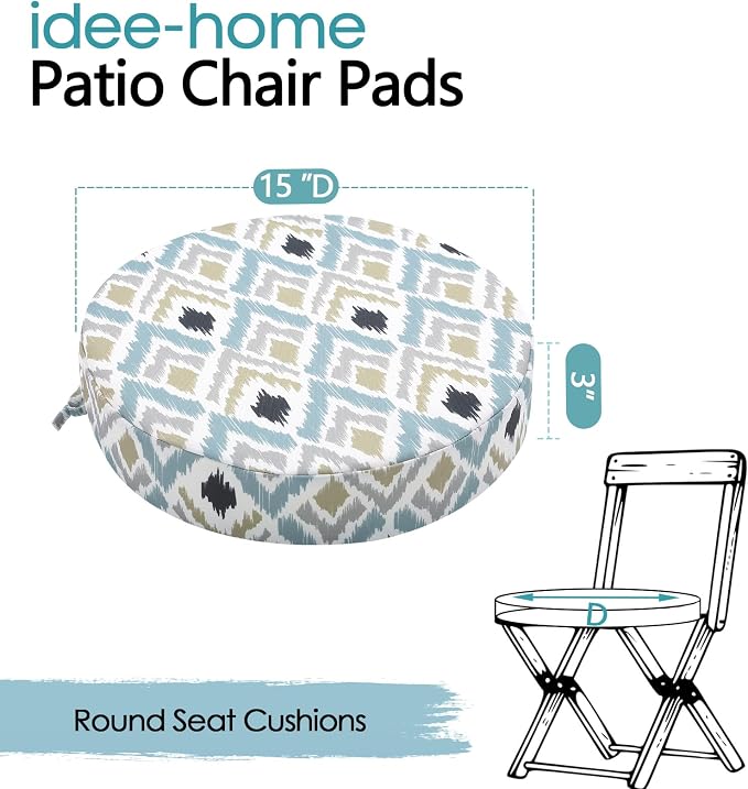 idee-home Outdoor Bistro Chair Cushions, 15”x15”x 3” Thick Outdoor Round Seat - Image 7