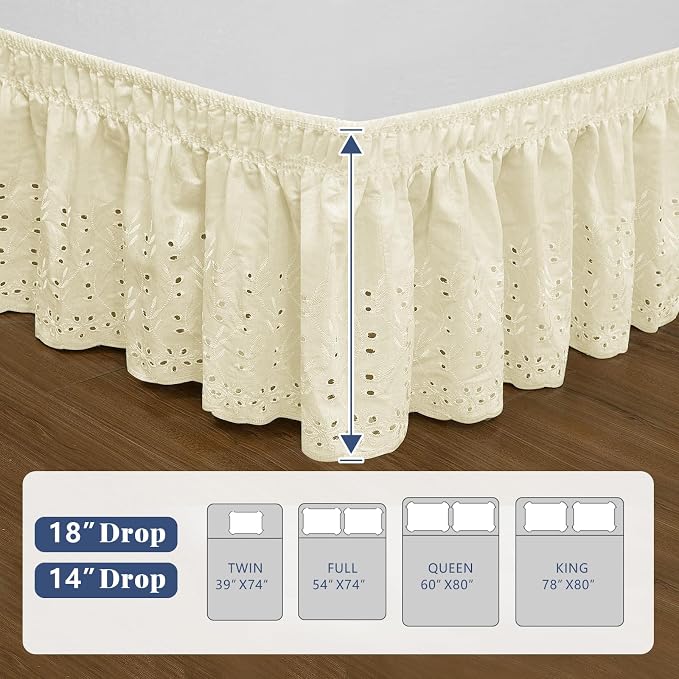 King Bed Skirt, Wrap-Around Elastic Ruffled Eyelet Bed Skirt King Size Dust - Image 2