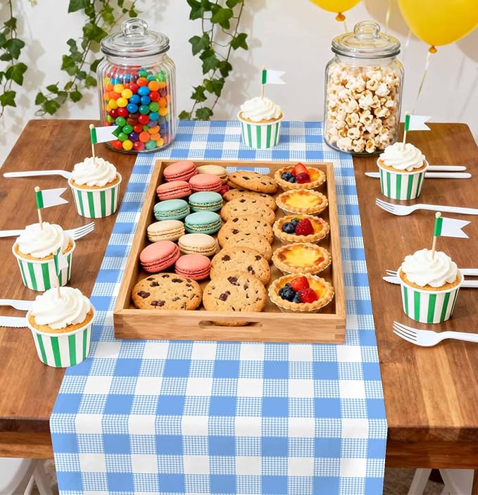 12 Pcs Light Blue and White Checkered Table Runner Plastic 14 x 108 Disposable - Image 5