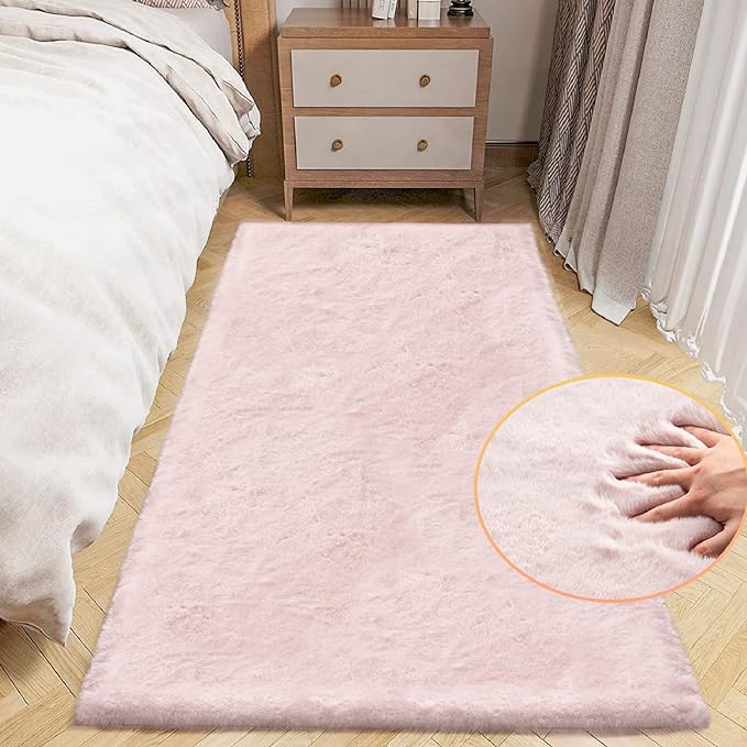Small Pink Fuzzy Faux Rabbit Shaggy Fur Rug Furry Washable Runner Rug 2x6 by ORINOVA