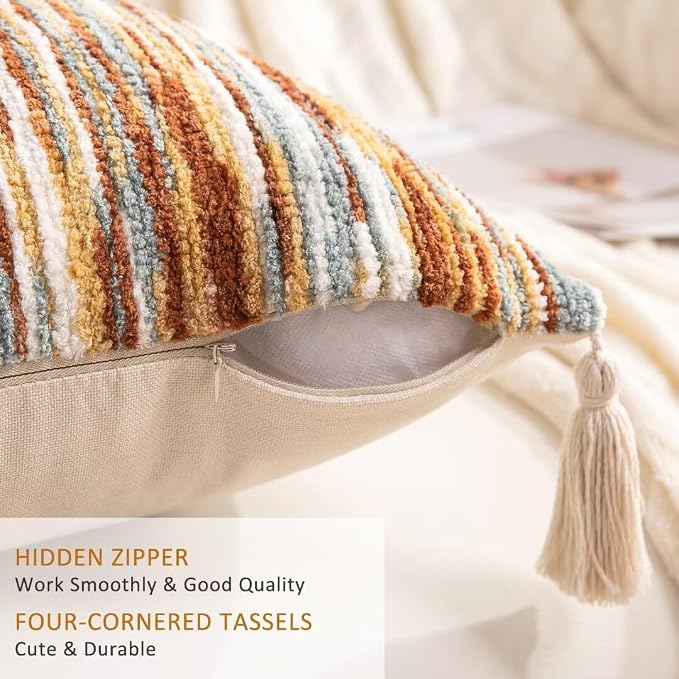 Boho Throw Pillow Covers 18x18 Set of 2 Woven Tufted Farmhouse Pillows Cover - Image 3