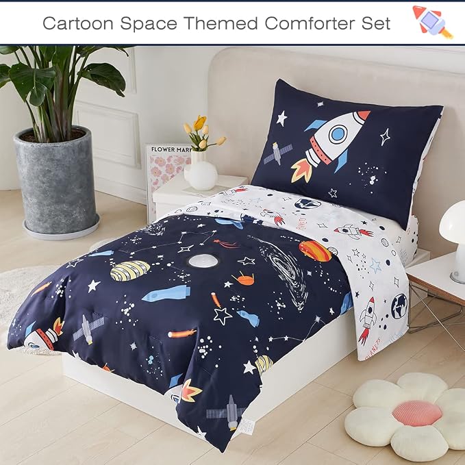 PERFEMET 4 Pcs Toddler Bedding Dark Blue Outer Space Printed Toddler Bed Set - Image 2