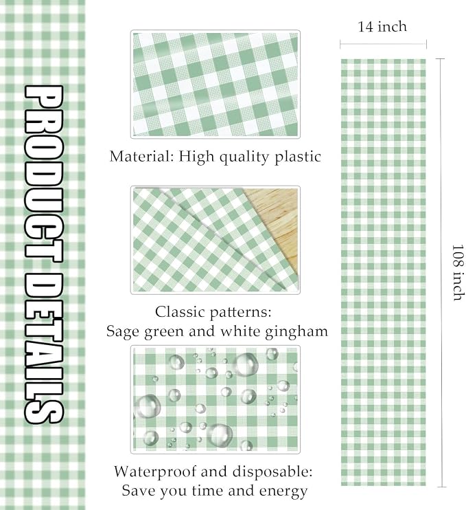 12 Pcs Sage Green and White Checkered Table Runner Plastic 14 x 108 Disposable - Image 3