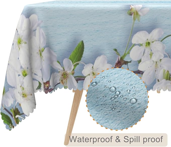 70x140inches Blue Wooden Rectangle Tablecloth Cherry Blossom Flowers Border - Image 2