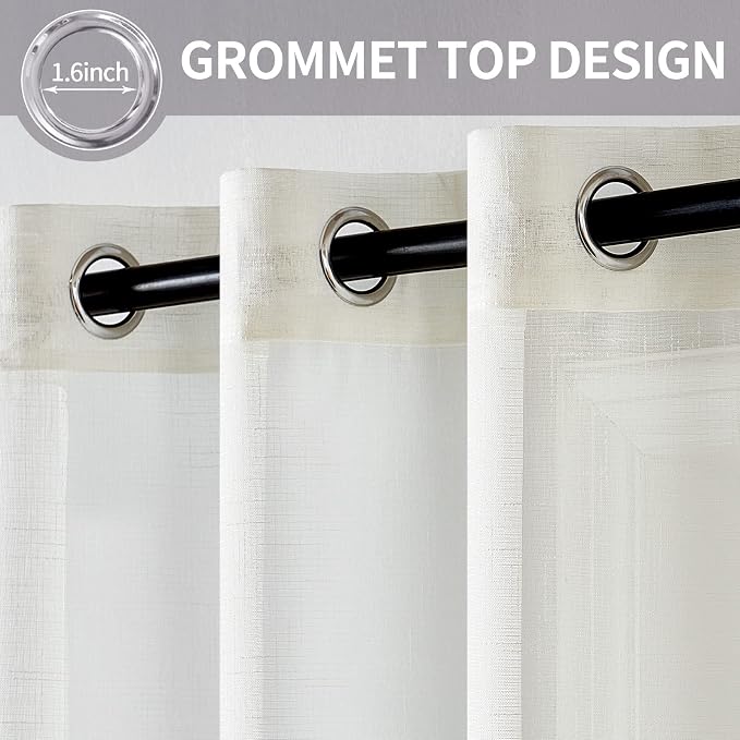 MIULEE 2 Panels Natural Linen Look Textured Sheer Curtains Elegant Solid Ivory - Image 2