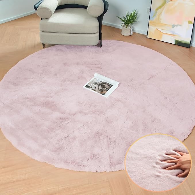Pink Round Rug 5ft Washable Fluffy Faux Rabbit Fur Area Rugs by ORINOVA