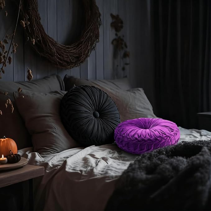 2 Pcs Round Throw Pillows 15 Inch Decorative Velvet Pleated Pumpkin Floor Boho - Image 5