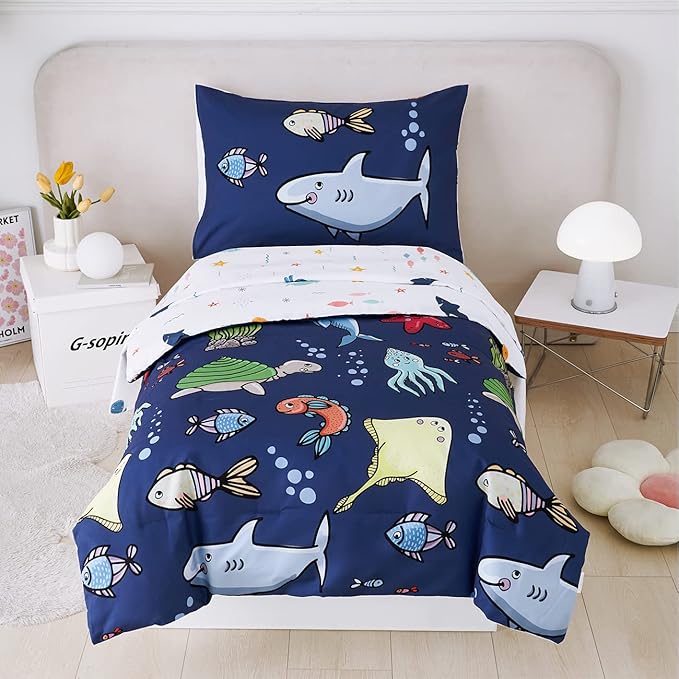 PERFEMET 4 Pieces Twin Bed in A Bag Navy Blue Ocean Animal Themed Kids by PERFEMET