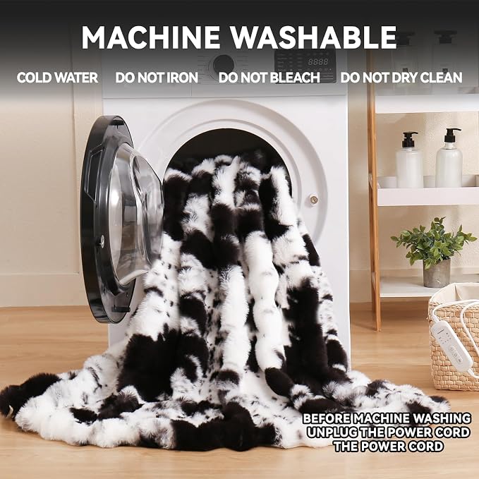 Cow Print Heating Throw Blankets Luxurious Western Soft Bubble Faux Rabbit Fur - Image 5