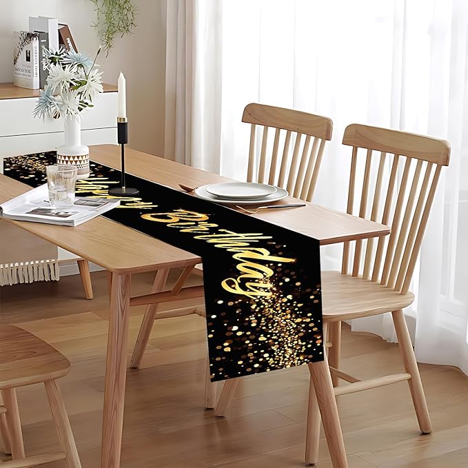 Elegant Black and Gold Happy Birthday Table Runner – 13x72 Inch Birthday Table - Image 6