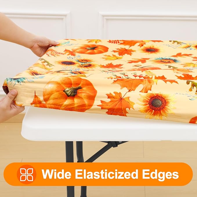 Smiry Plastic Thanksgiving Tablecloth, Sunflower & Pumpkin Waterproof Elastic - Image 2