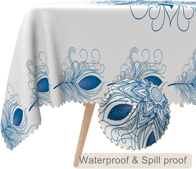 54x70inches Boho Floral Print Tablecloth Blue White Bohemian Floral Pattern - Image 2