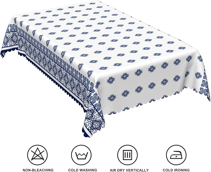 70x108inches Blue Medallion Print Tablecloth Mykonos Blue Mediterranean Tile - Image 6