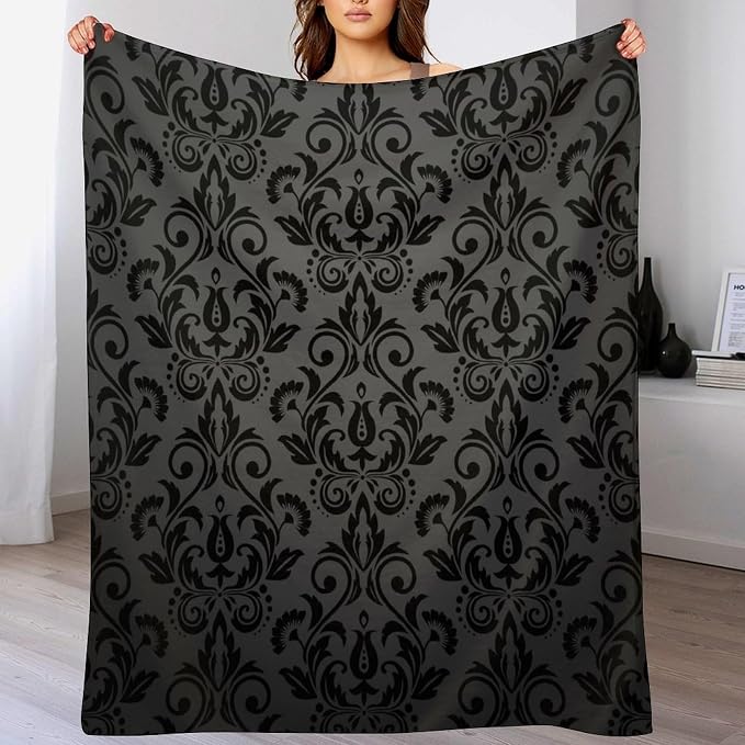 Black Damask Blanket, Antique Victorian Style Gothic Vintage Black Floral - Image 8