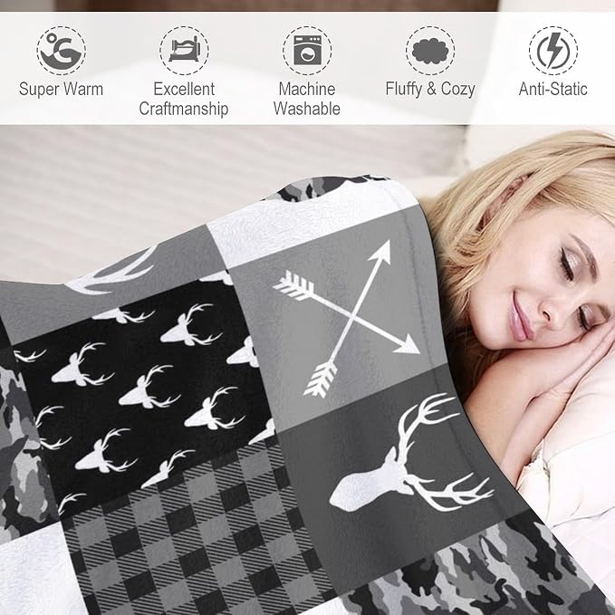Rustic Cabin Throw Blanket, Farmhouse Grey Camouflage Deer Vintage Country - Image 4