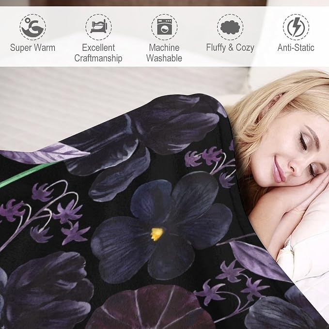 Gothic Floral Blanket, Vintage Abstract Black Purple Peony Flowers Mushroom - Image 4