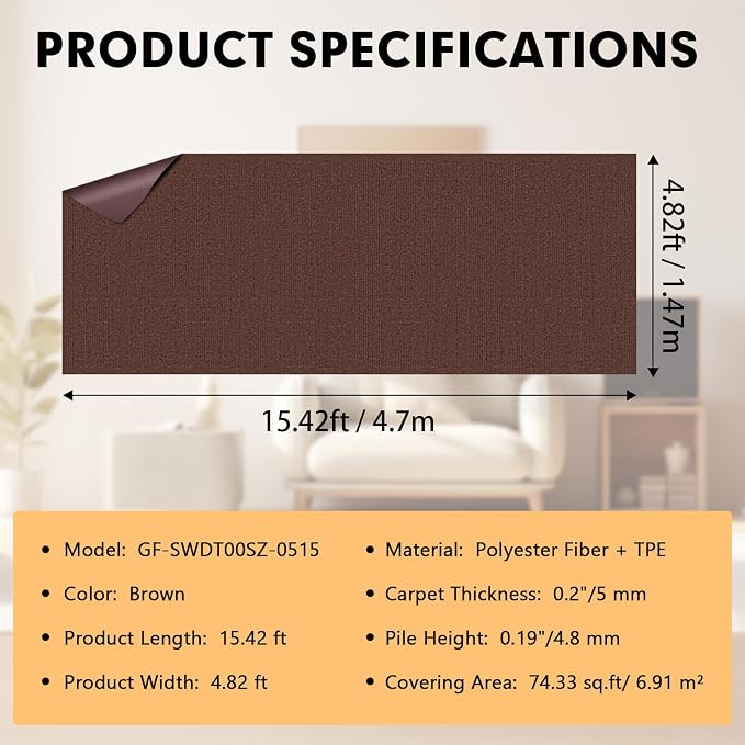 Marine Carpet, 5 FT x 15 FT Brown Indoor Outdoor Carpet 0.2" Thick Boat Carpet - Image 2