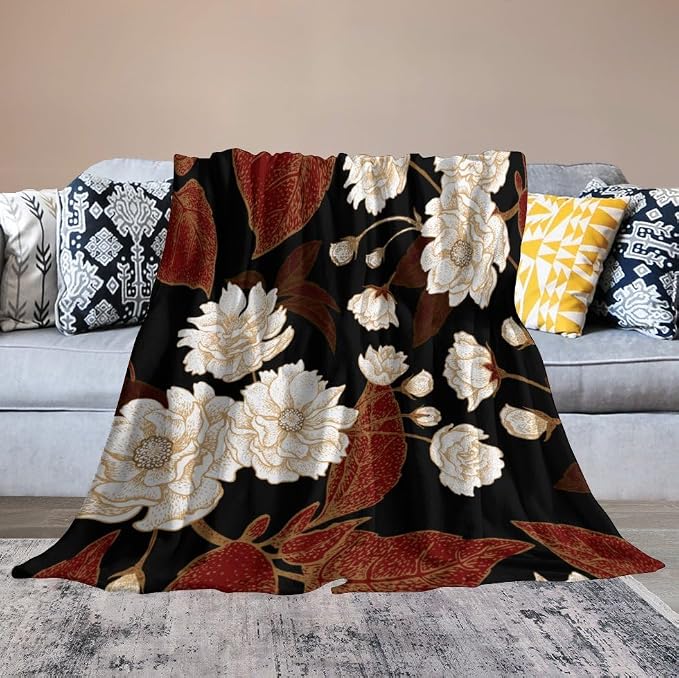 Red Gold Floral Blanket, Boho Dark Flower Leaves Chinese Plum Blossoms - Image 6