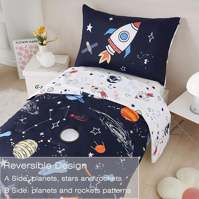 PERFEMET Twin Comforter Set 4 Piece Kids Space Rockets Comforter Bed in A Bag - Image 3