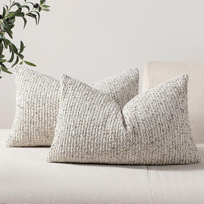 Striped Throw Pillow Covers 12x20 Set of 2 Cream Grey Textured Boucle Chic by DEZENE