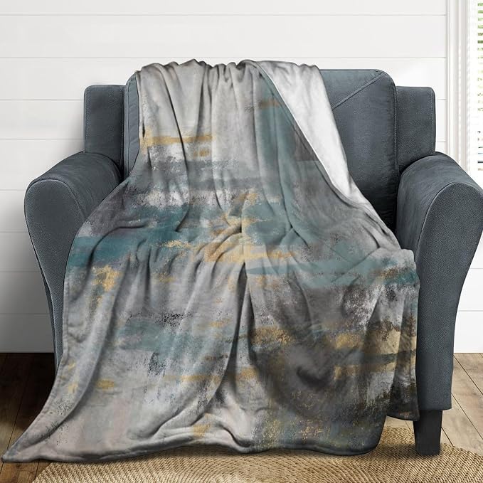 Fashion Gradient Blanket, Modern Art Baroque Gold Grey Green Painting Strokes - Image 3
