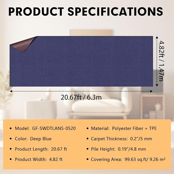 Marine Carpet, 5 FT x 20 FT Deep Blue Indoor Outdoor Rug 0.2" Thick Boat - Image 2