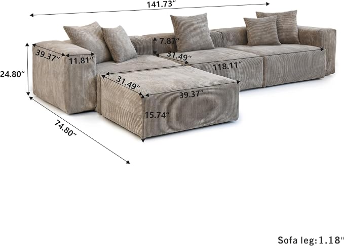 JACH Modern Sectional Couch Sofa, Corduroy Modular Sectional Couch - Image 2